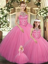 Suitable Rose Pink Sleeveless Tulle Lace Up Quinceanera Gown for Sweet 16 and Quinceanera