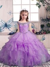 Fancy Off The Shoulder Sleeveless Lace Up Little Girls Pageant Gowns Lilac Organza
