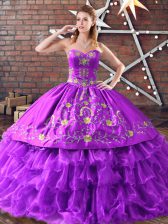 Deluxe Purple Sleeveless Floor Length Embroidery and Ruffled Layers Lace Up Vestidos de Quinceanera
