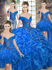 Royal Blue Off The Shoulder Lace Up Beading and Ruffles Ball Gown Prom Dress Sleeveless