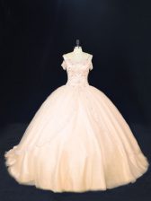 Sweet Peach Sleeveless Tulle Court Train Zipper Quinceanera Dress for Sweet 16 and Quinceanera
