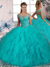 Discount Aqua Blue Lace Up Off The Shoulder Beading and Ruffles Quinceanera Dresses Tulle Sleeveless Brush Train