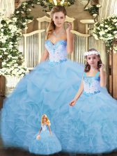 Ideal Blue Organza Lace Up Quinceanera Gowns Sleeveless Floor Length Beading and Ruffles