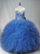 Dramatic Blue Sweetheart Neckline Beading and Ruffles Sweet 16 Quinceanera Dress Sleeveless Lace Up