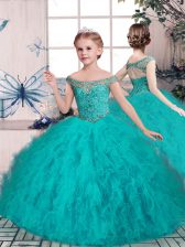 Floor Length Teal Little Girls Pageant Dress Off The Shoulder Sleeveless Lace Up