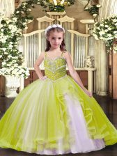 Yellow Green Tulle Lace Up Straps Sleeveless Floor Length Little Girls Pageant Dress Wholesale Beading