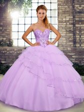 Designer Sweetheart Sleeveless Sweet 16 Dress Brush Train Beading and Ruffled Layers Lilac Tulle