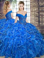 Custom Design Beading and Ruffles 15th Birthday Dress Royal Blue Lace Up Sleeveless Floor Length