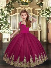  Straps Sleeveless Little Girl Pageant Gowns Floor Length Embroidery Burgundy Tulle