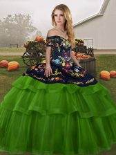  Green Tulle Lace Up Off The Shoulder Sleeveless Sweet 16 Dresses Brush Train Embroidery and Ruffled Layers