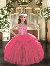 Latest Hot Pink Ball Gowns Beading and Ruffles Kids Formal Wear Lace Up Tulle Sleeveless Floor Length
