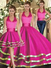 Beautiful Fuchsia Lace Up Halter Top Ruffled Layers Quinceanera Dress Tulle Sleeveless