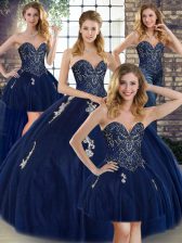  Sleeveless Floor Length Beading and Appliques Lace Up Quince Ball Gowns with Navy Blue