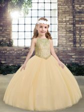  Floor Length Peach Little Girl Pageant Dress Scoop Sleeveless Lace Up
