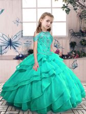  Turquoise Sleeveless Floor Length Beading and Ruffled Layers Lace Up Little Girls Pageant Dress Wholesale