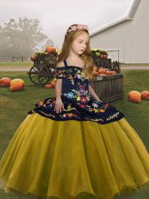 Best Sleeveless Floor Length Embroidery Lace Up Little Girls Pageant Gowns with Olive Green