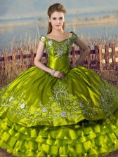 Edgy Olive Green Ball Gowns Off The Shoulder Sleeveless Satin and Organza Floor Length Lace Up Embroidery and Ruffled Layers Quinceanera Gown