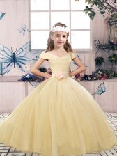 Exquisite Off The Shoulder Sleeveless Lace Up Girls Pageant Dresses Champagne Tulle