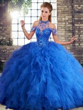 Smart Halter Top Sleeveless Quinceanera Gowns Floor Length Beading and Ruffles Royal Blue Tulle