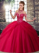 Custom Made Coral Red Sleeveless Tulle Brush Train Lace Up Quinceanera Dress for Military Ball and Sweet 16 and Quinceanera