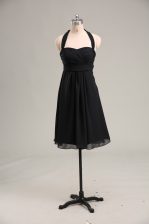 New Arrival Black Zipper Halter Top Ruching Evening Dress Chiffon Sleeveless