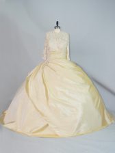 Elegant Yellow Ball Gowns High-neck Long Sleeves Taffeta Brush Train Lace Up Lace 15th Birthday Dress