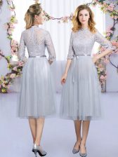 Shining Tea Length Grey Quinceanera Dama Dress Tulle Half Sleeves Lace and Belt