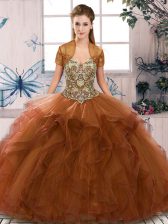  Brown Sleeveless Floor Length Beading and Ruffles Lace Up Quince Ball Gowns