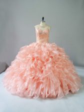 Trendy Peach Lace Up Scoop Beading and Ruffles Sweet 16 Quinceanera Dress Organza Sleeveless
