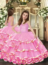 Popular Pink Ball Gowns Organza Straps Sleeveless Beading and Ruffled Layers Floor Length Lace Up Kids Pageant Dress