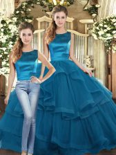  Two Pieces 15 Quinceanera Dress Teal Scoop Tulle Sleeveless Floor Length Lace Up