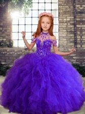 Nice Beading and Ruffles Kids Pageant Dress Purple Lace Up Sleeveless Floor Length