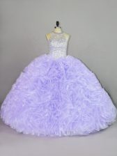 Delicate Lavender Ball Gowns Halter Top Sleeveless Organza Lace Up Beading and Ruffles Vestidos de Quinceanera