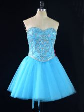 On Sale Aqua Blue A-line Tulle Sweetheart Sleeveless Beading Mini Length Lace Up Evening Dress