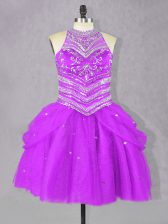 Wonderful Tulle Halter Top Sleeveless Lace Up Beading Prom Party Dress in Fuchsia