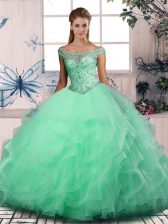  Apple Green Tulle Lace Up Ball Gown Prom Dress Sleeveless Floor Length Beading and Ruffles
