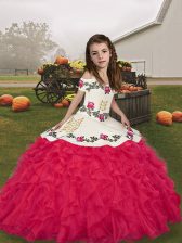  Coral Red Straps Lace Up Embroidery and Ruffles Girls Pageant Dresses Sleeveless