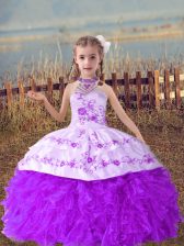 Beautiful Lavender Organza Lace Up Halter Top Sleeveless Floor Length Kids Pageant Dress Beading and Embroidery and Ruffles