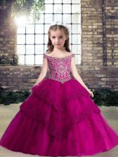 Customized Fuchsia Sleeveless Floor Length Beading and Lace and Appliques Lace Up Little Girls Pageant Dress