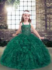  Dark Green Organza Lace Up Little Girls Pageant Gowns Sleeveless Floor Length Beading and Ruffles