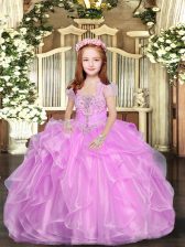 Wonderful Lilac Lace Up Straps Beading and Ruffles Kids Formal Wear Organza Sleeveless