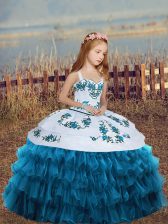On Sale Floor Length Blue Girls Pageant Dresses Sleeveless Embroidery and Ruffled Layers