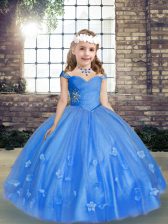 Excellent Sleeveless Tulle Floor Length Lace Up Girls Pageant Dresses in Blue with Beading and Hand Made Flower