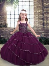  Purple Sleeveless Floor Length Beading and Ruffled Layers Lace Up Pageant Dress for Teens