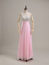 Top Selling Floor Length Baby Pink Homecoming Dress Chiffon Sleeveless Beading