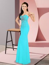 Elegant Floor Length Aqua Blue Prom Dresses Chiffon Sleeveless Beading