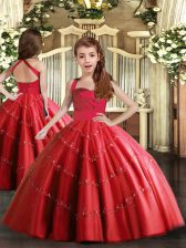  Ball Gowns Little Girl Pageant Gowns Red Straps Tulle Sleeveless Floor Length Lace Up