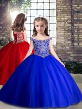  Royal Blue Tulle Lace Up Child Pageant Dress Sleeveless Floor Length Beading