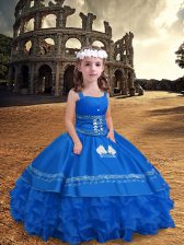  Embroidery and Ruffled Layers Little Girls Pageant Dress Wholesale Blue Zipper Sleeveless Floor Length