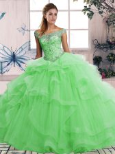 Charming Sleeveless Floor Length Beading and Ruffles Lace Up Ball Gown Prom Dress with Green